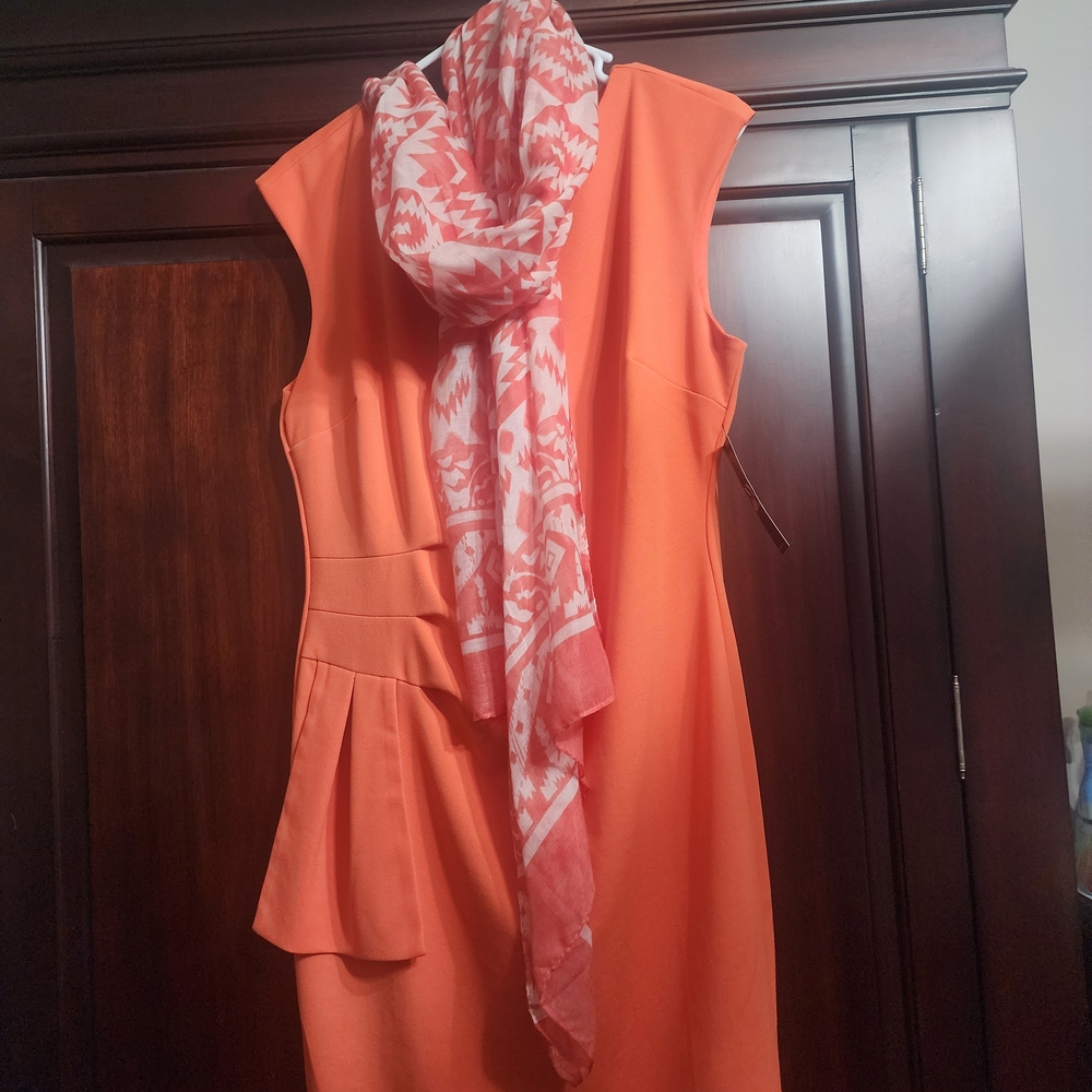 New York & Company Coral Orange Midi Dress with Patterned Scarf